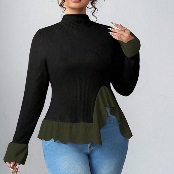 Plus Solid Color block Ruffle Hem Long Sleeve Mock Neck Top - Picture 2 of 5